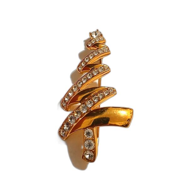 3" Monet Gold Tone Christmas Tree Brooch Pin Spiral Design Vintage Holiday - Picture 2 of 3